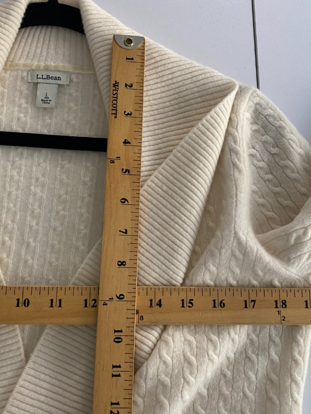 LL Bean 100% Cashmere Cable Knit Shawl Collar Cardigan Cream L 284055 - Picture 8 of 10